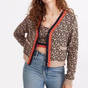 KULE Milo Leopard Cardigan Sweater SIZE XS Lambswool Cashmere Blend Tan Red